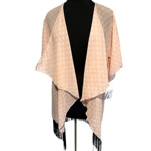 Lularoe Monroe Kimono Size S NWT Pink White Polka Dot Black Fringe Cover Up